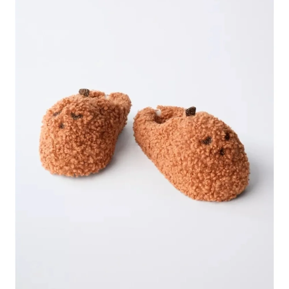 Zara Cozy Kids Teddy Fuzzy Sherpa Slippers Burnt Orange Sz-13.5